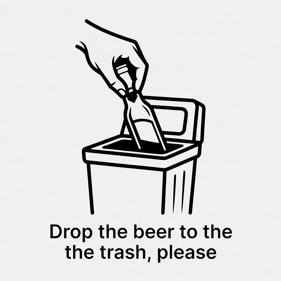 Hand dropping beer bottle in trash Hand dropping beer bottle in trash