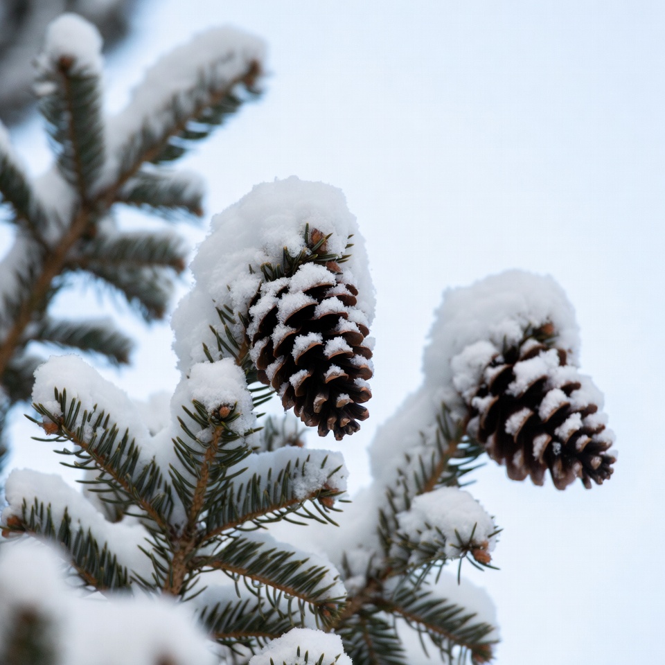 Snowy pine cones on branches Snowy pine cones on branches