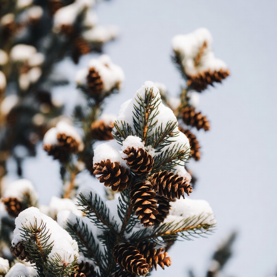 Snow-covered pine cones on branches Snow-covered pine cones on branches