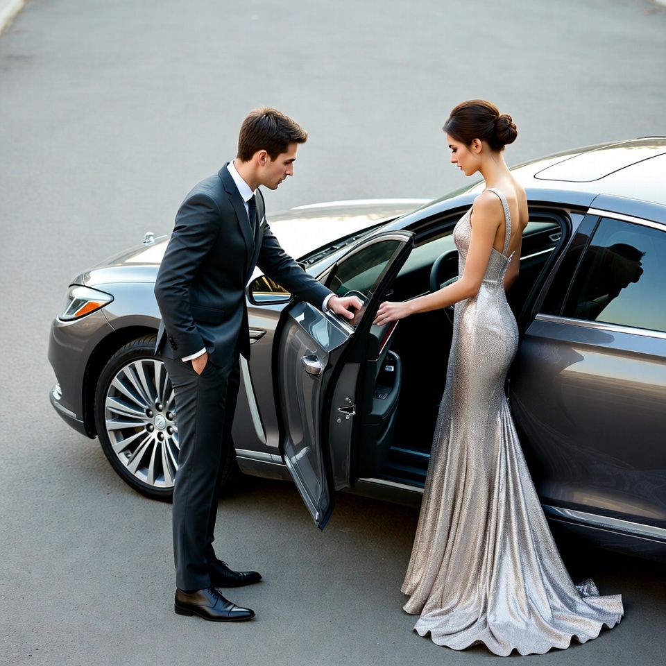 Man opening car door for woman Man opening car door for woman