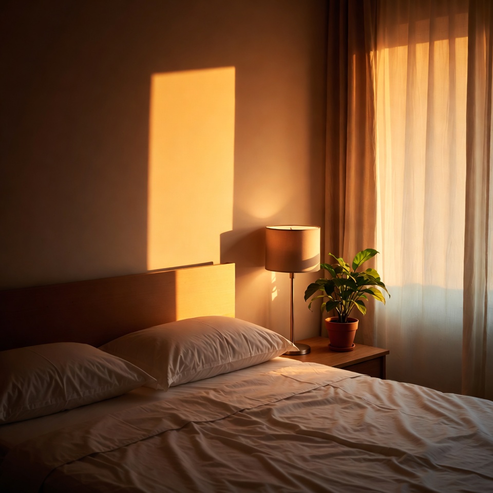 Sunlit Bedroom with Bed and Plant Sunlit Bedroom with Bed and Plant