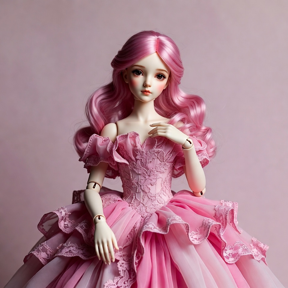 Pink-haired BJD doll in lace gown Pink-haired BJD doll in lace gown