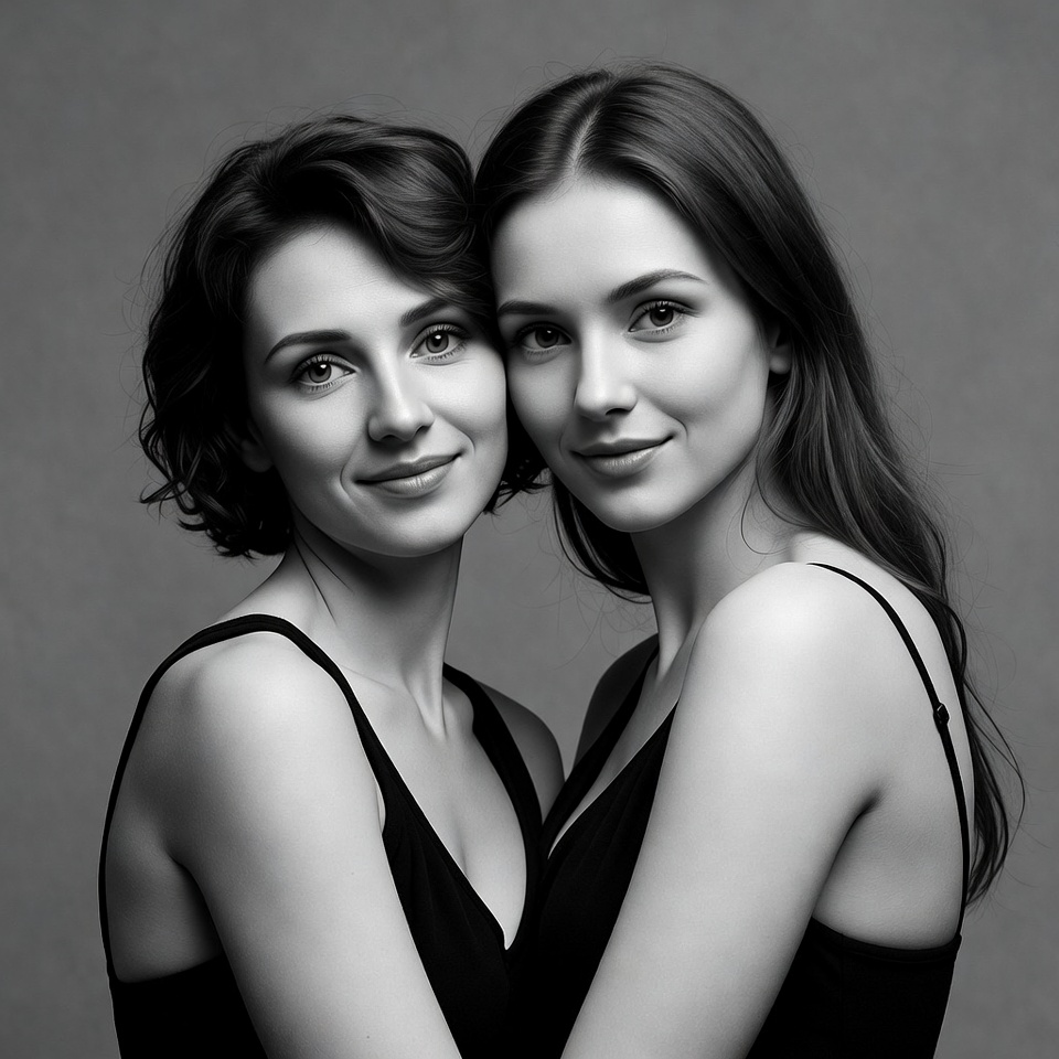 Two smiling women embracing Two smiling women embracing