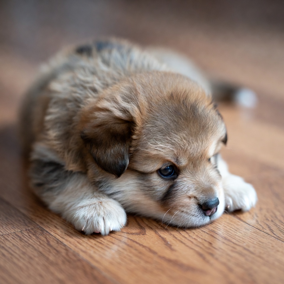 Fluffy puppy lying on wooden floor Fluffy puppy lying on wooden floor
