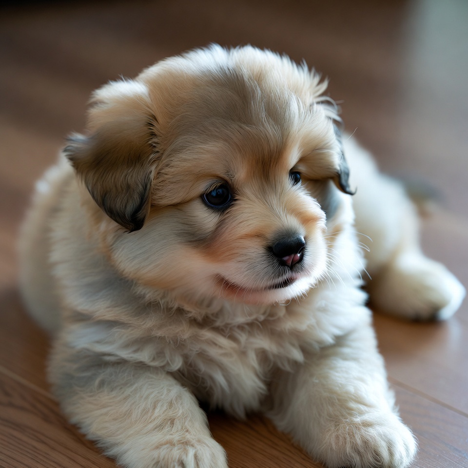Fluffy Golden Puppy Lying on Floor Fluffy Golden Puppy Lying on Floor