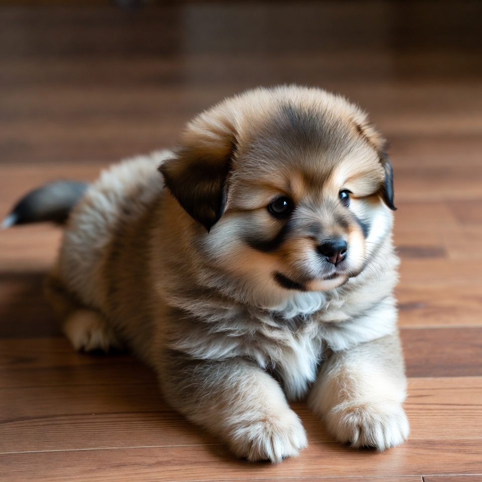 Fluffy Pomeranian Puppy on Wooden Floor Fluffy Pomeranian Puppy on Wooden Floor