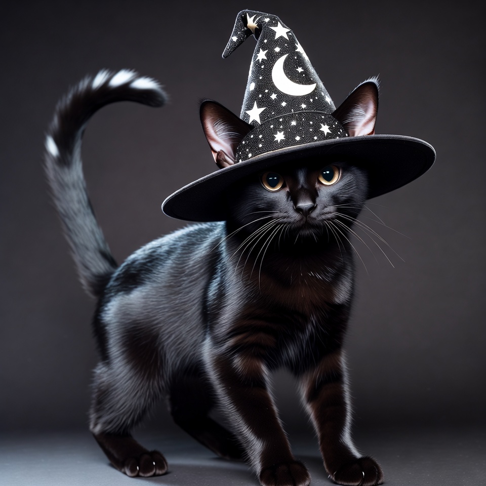 Black kitten wearing witch hat Black kitten wearing witch hat