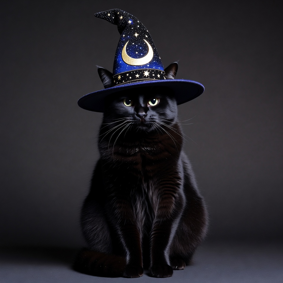 Black cat wearing starry witch hat Black cat wearing starry witch hat