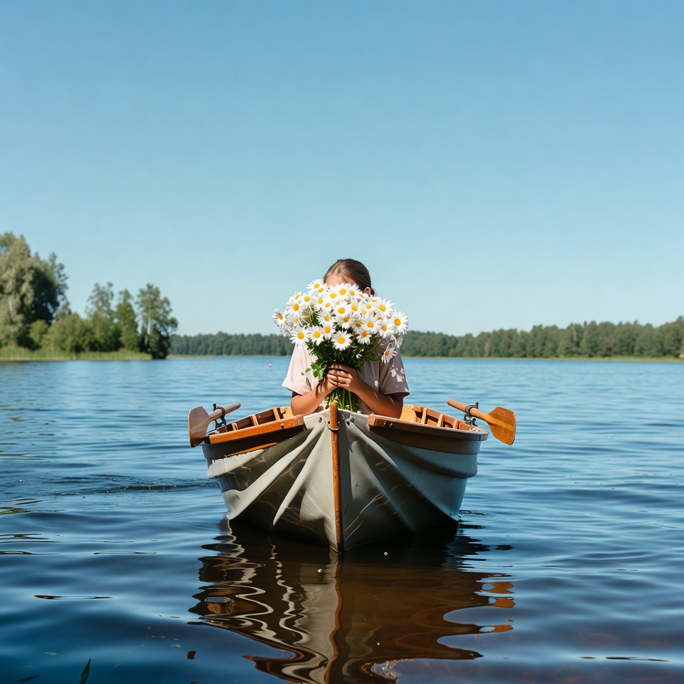 Woman holding daisies in rowboat Woman holding daisies in rowboat