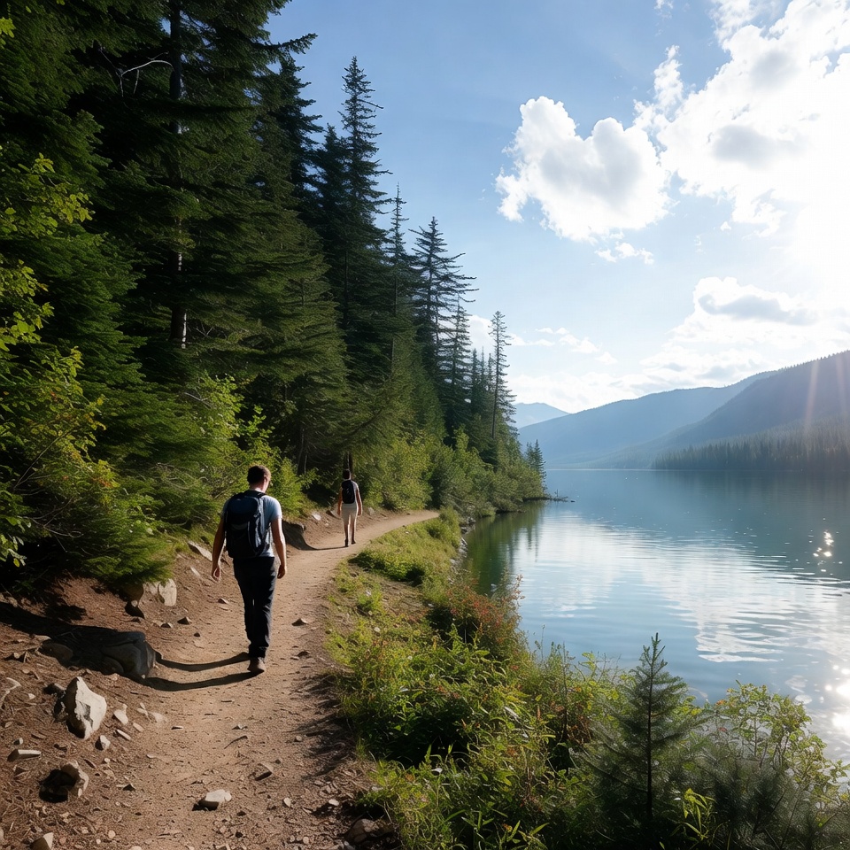 Hikers on trail by mountain lake Hikers on trail by mountain lake