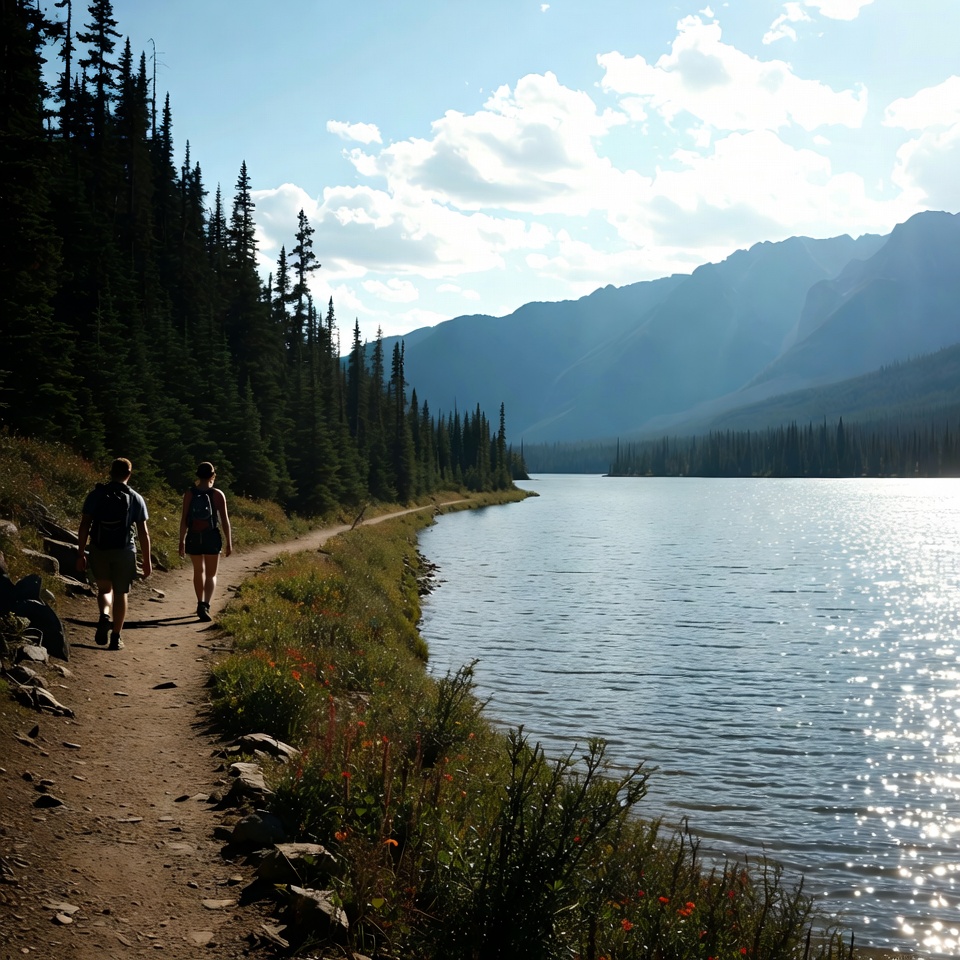 Hikers on trail by mountain lake Hikers on trail by mountain lake