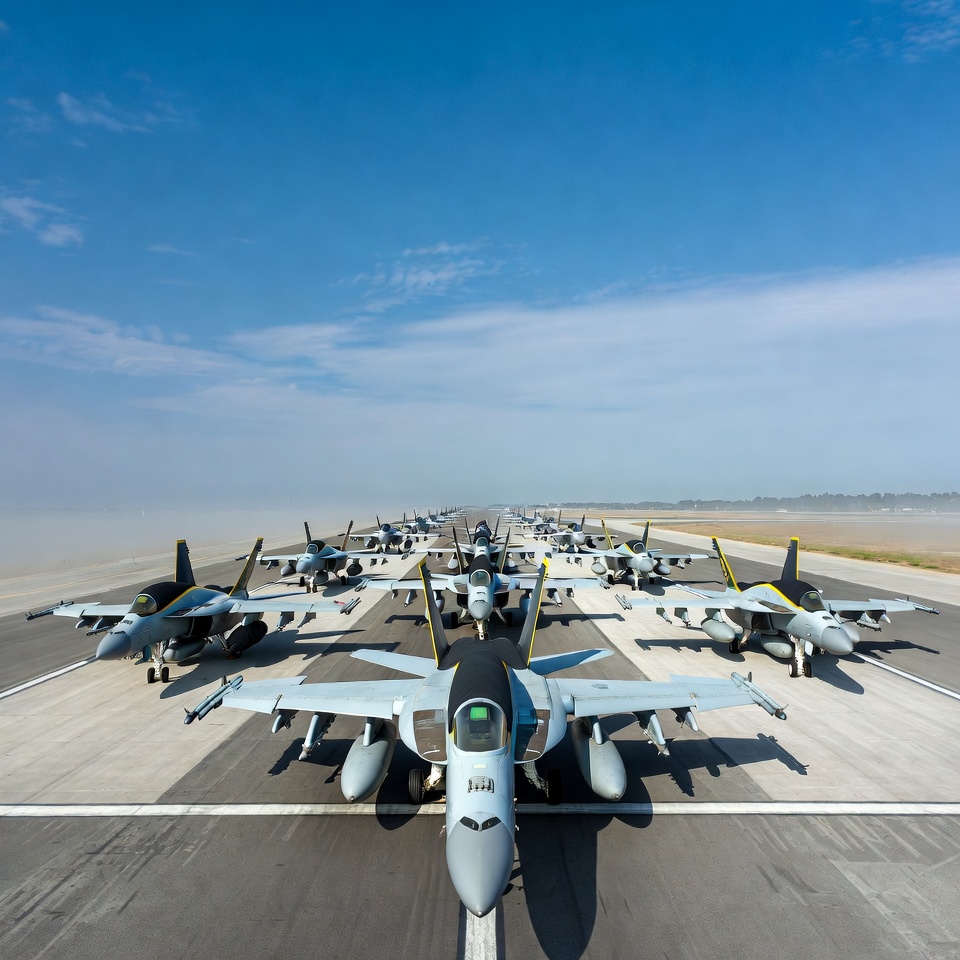 Row of F/A-18 Hornets on Runway Row of F/A-18 Hornets on Runway