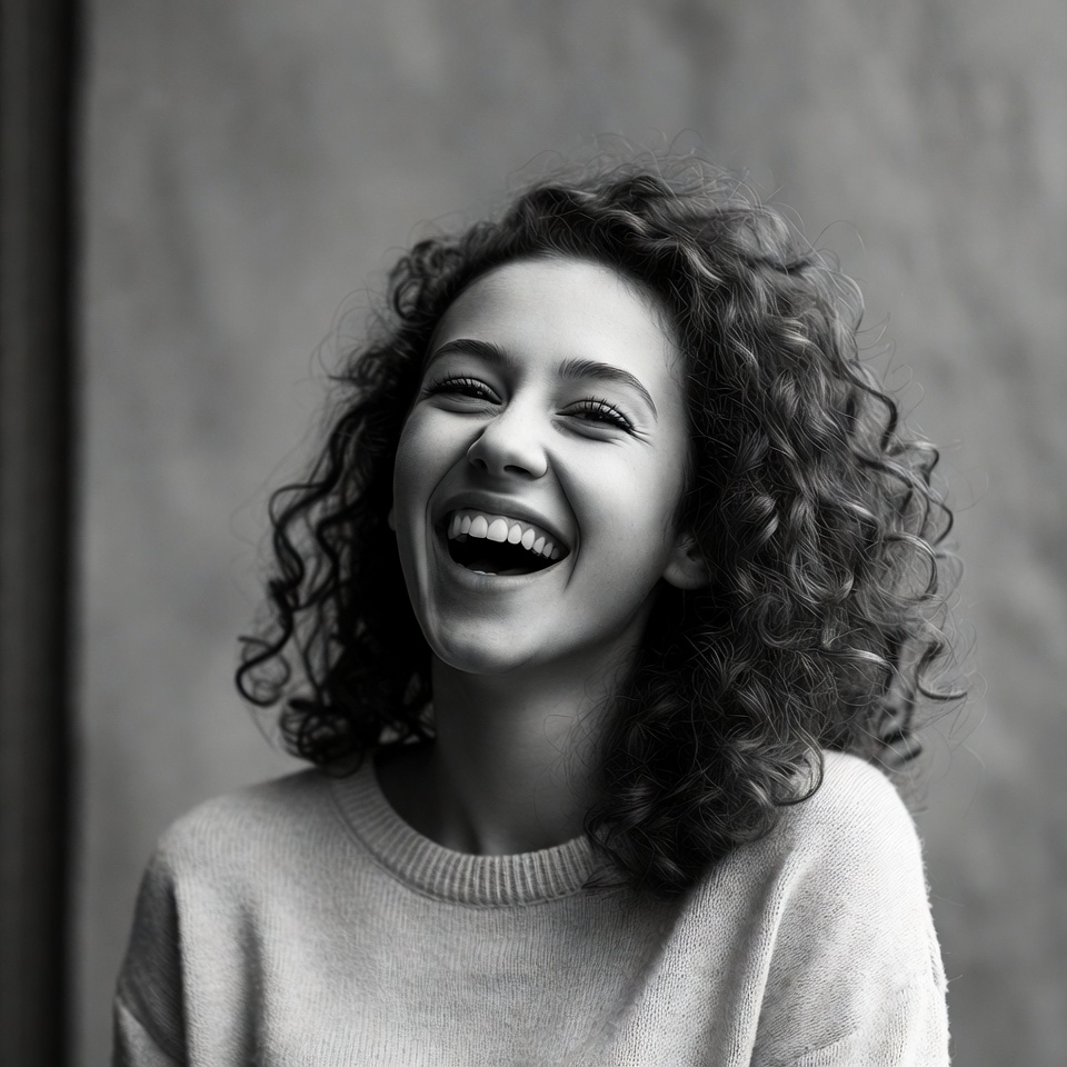 Young woman laughing with curly hair Young woman laughing with curly hair