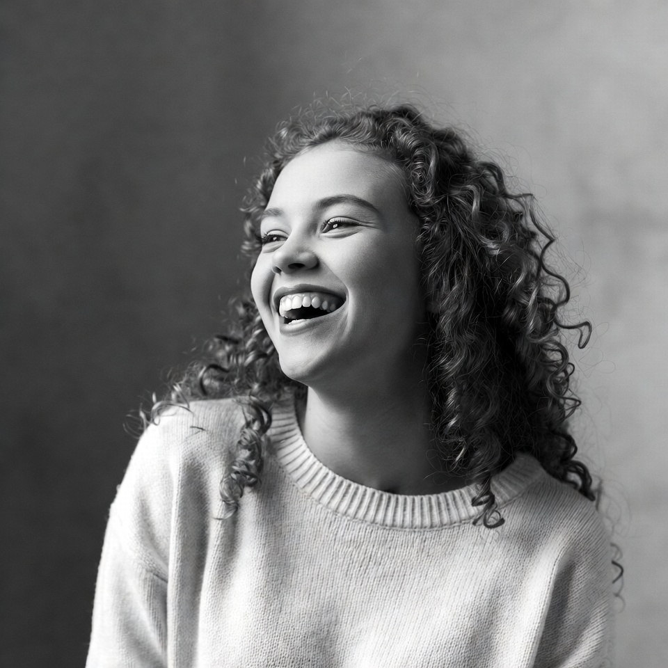 Young woman laughing with curly hair Young woman laughing with curly hair