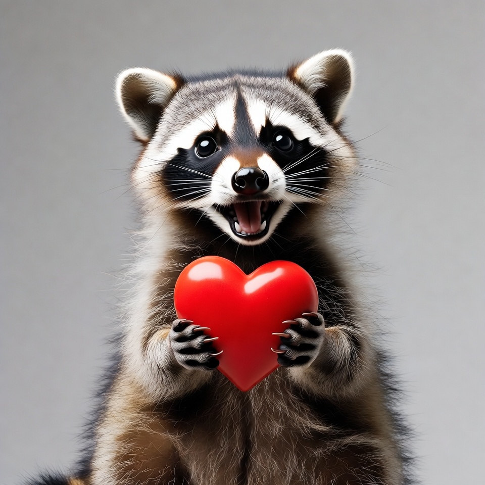 Raccoon holding red heart Raccoon holding red heart