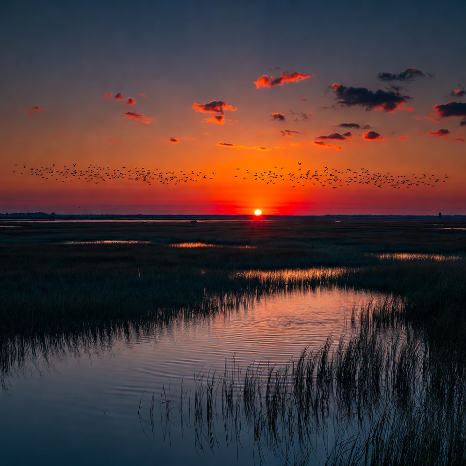 Birds Flying Over Marsh at Sunset Birds Flying Over Marsh at Sunset