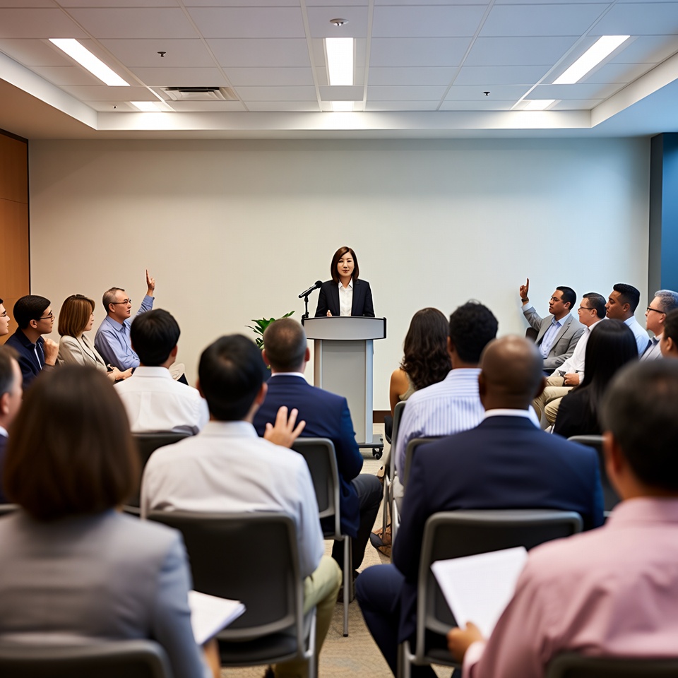 Asian woman speaking at business meeting Asian woman speaking at business meeting