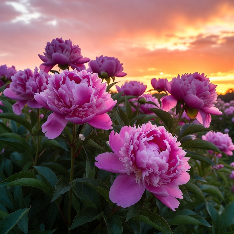 Pink Peonies in Sunset Field Pink Peonies in Sunset Field