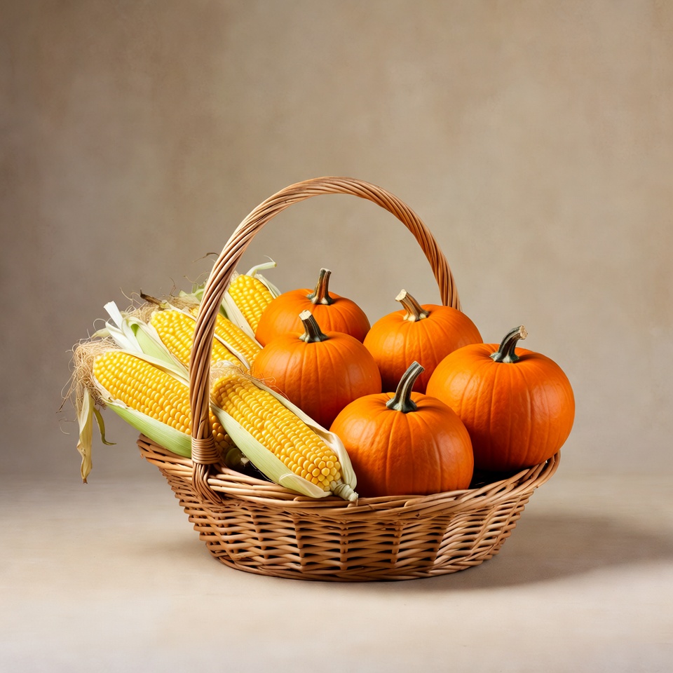 Basket of Pumpkins and Corn Basket of Pumpkins and Corn