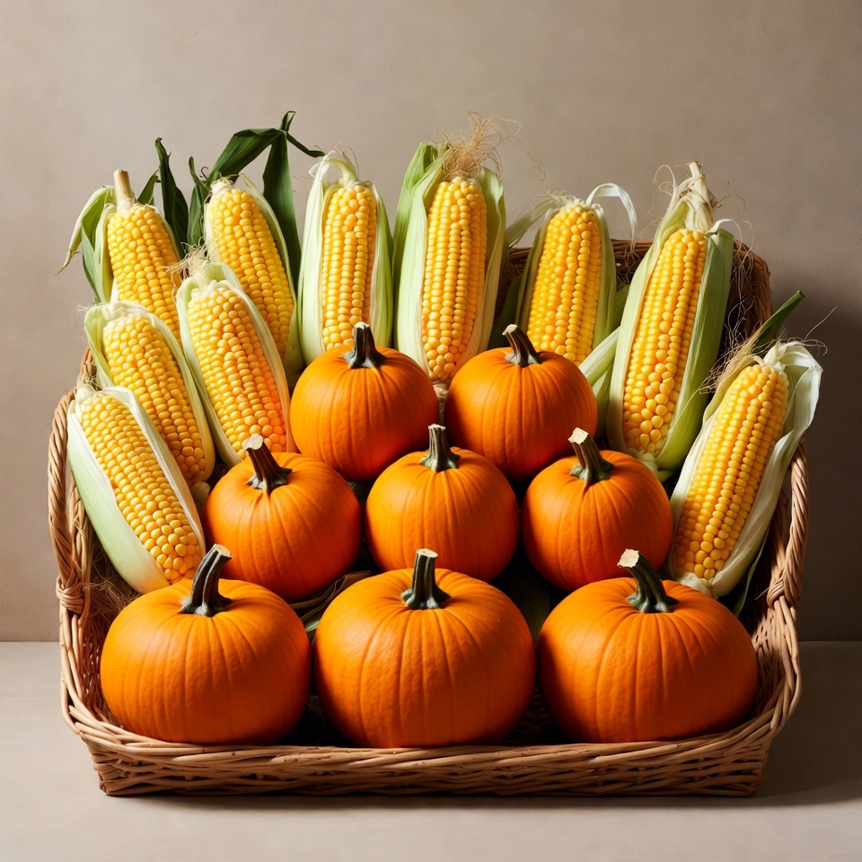 Corn and Pumpkins in Wicker Basket Corn and Pumpkins in Wicker Basket
