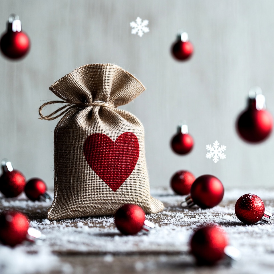 Burlap sack with red heart and Christmas ornaments Burlap sack with red heart and Christmas ornaments