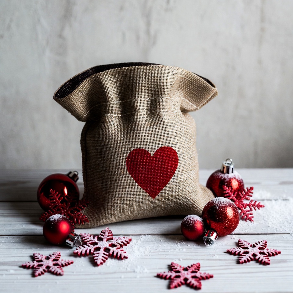 Burlap Heart Sack with Christmas Ornaments Burlap Heart Sack with Christmas Ornaments