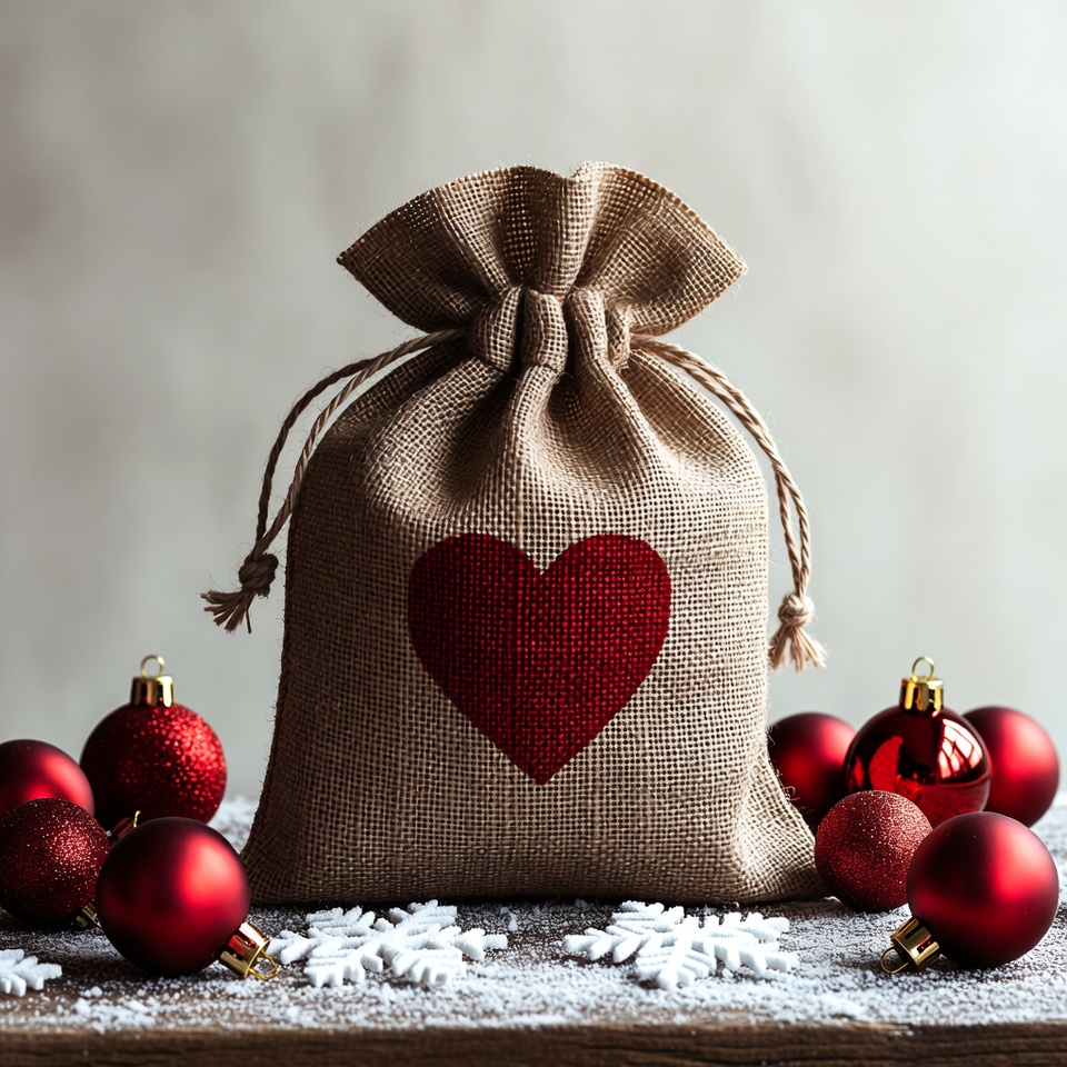Burlap Heart Bag with Christmas Ornaments Burlap Heart Bag with Christmas Ornaments