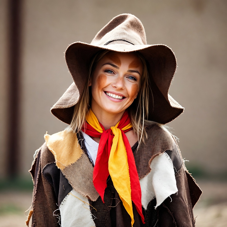 Woman in Scarecrow Costume Smiling Woman in Scarecrow Costume Smiling
