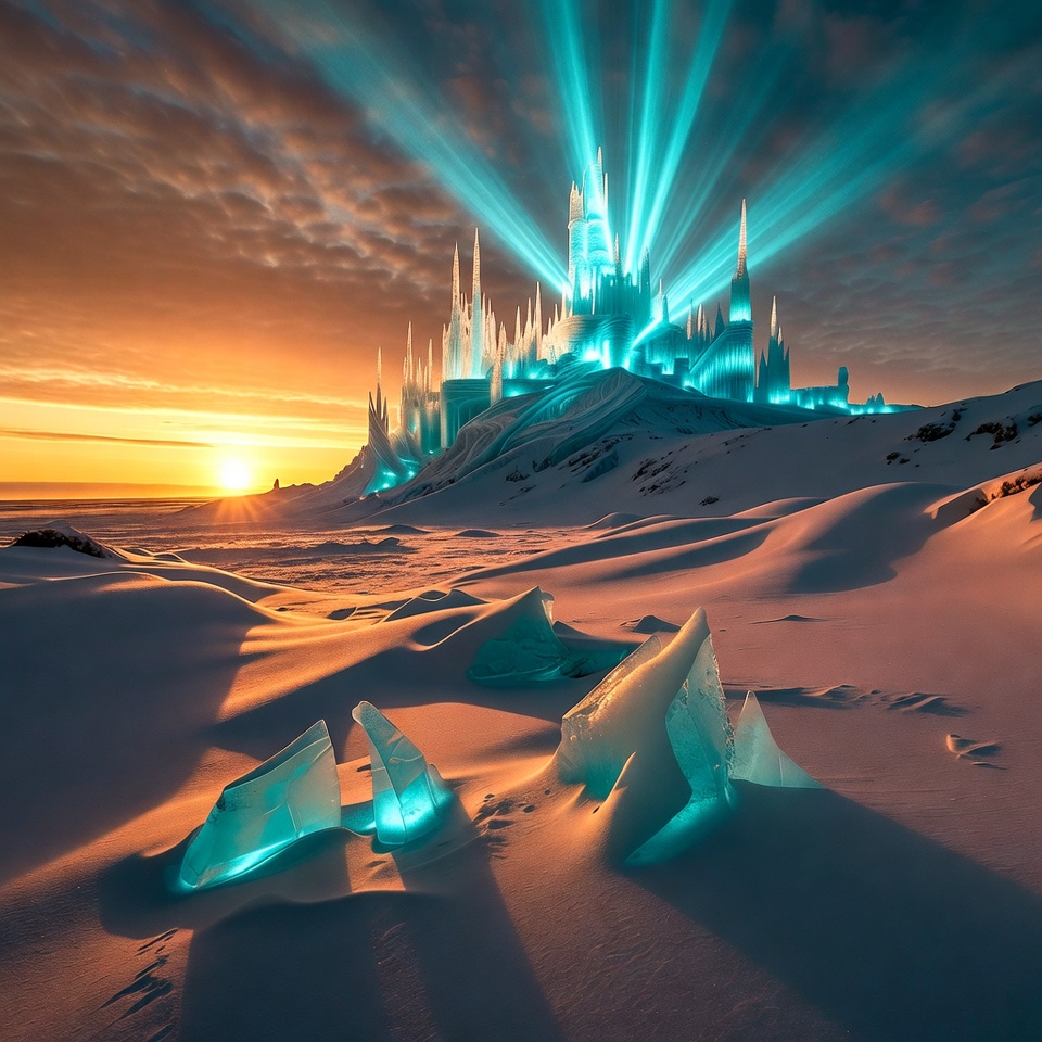 Glowing Ice Castle on Snowy Desert Glowing Ice Castle on Snowy Desert