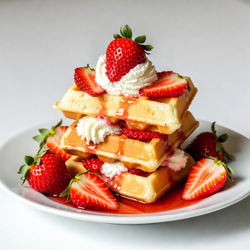 Stack of Waffles with Strawberries and Whipped Cream Stack of Waffles with Strawberries and Whipped Cream