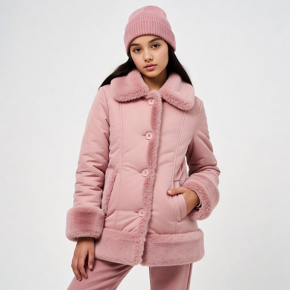 Girl in pink fur-trimmed puffer jacket Girl in pink fur-trimmed puffer jacket