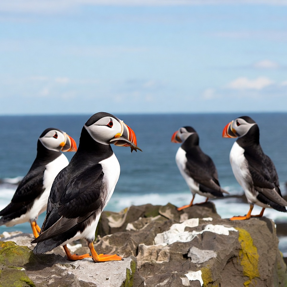 Puffins standing on rocky cliff Puffins standing on rocky cliff