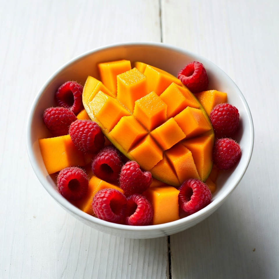 Mango Chunks and Raspberries in Bowl Mango Chunks and Raspberries in Bowl