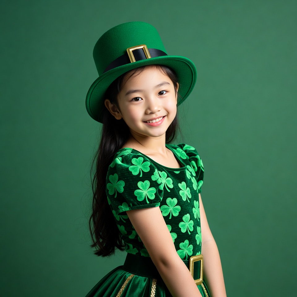 Asian girl in green leprechaun costume Asian girl in green leprechaun costume