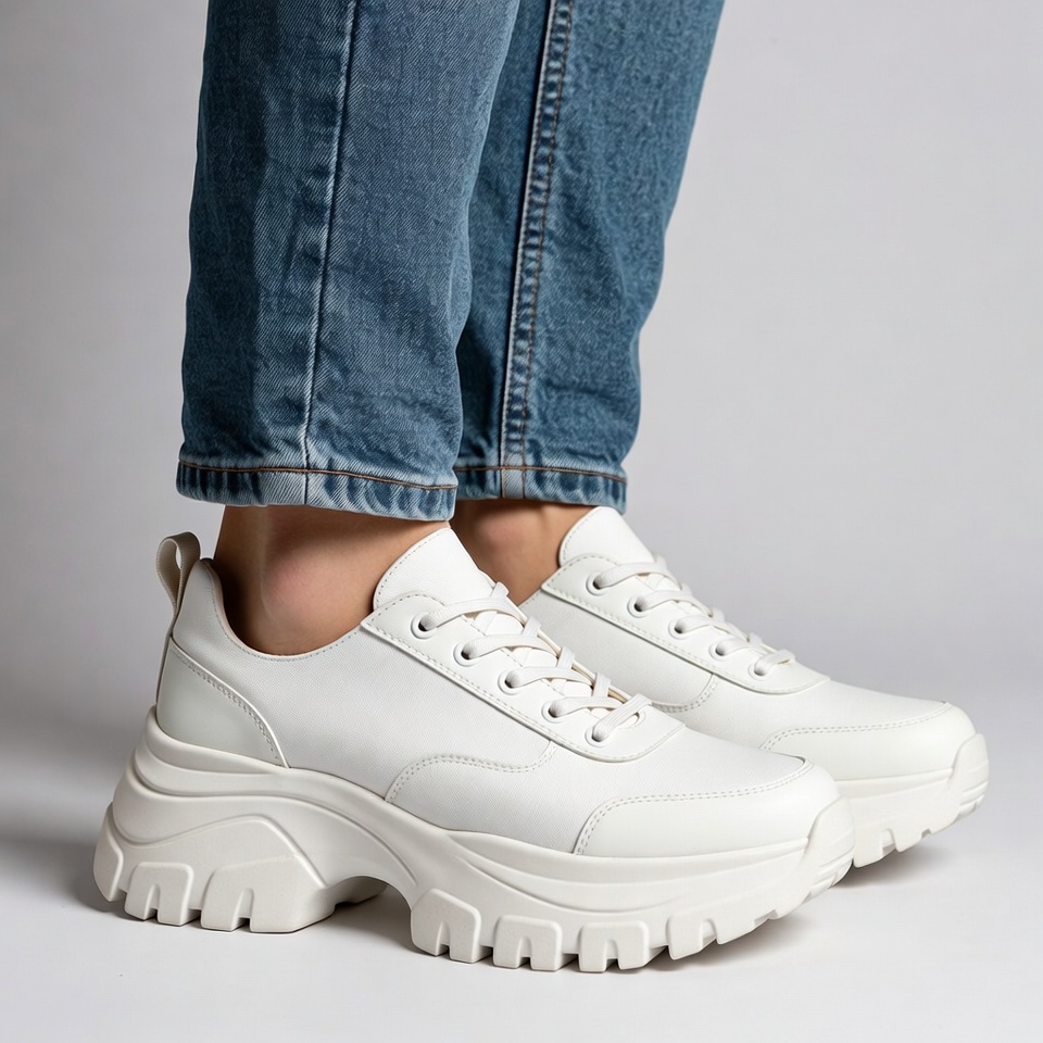 Woman wearing white platform sneakers Woman wearing white platform sneakers