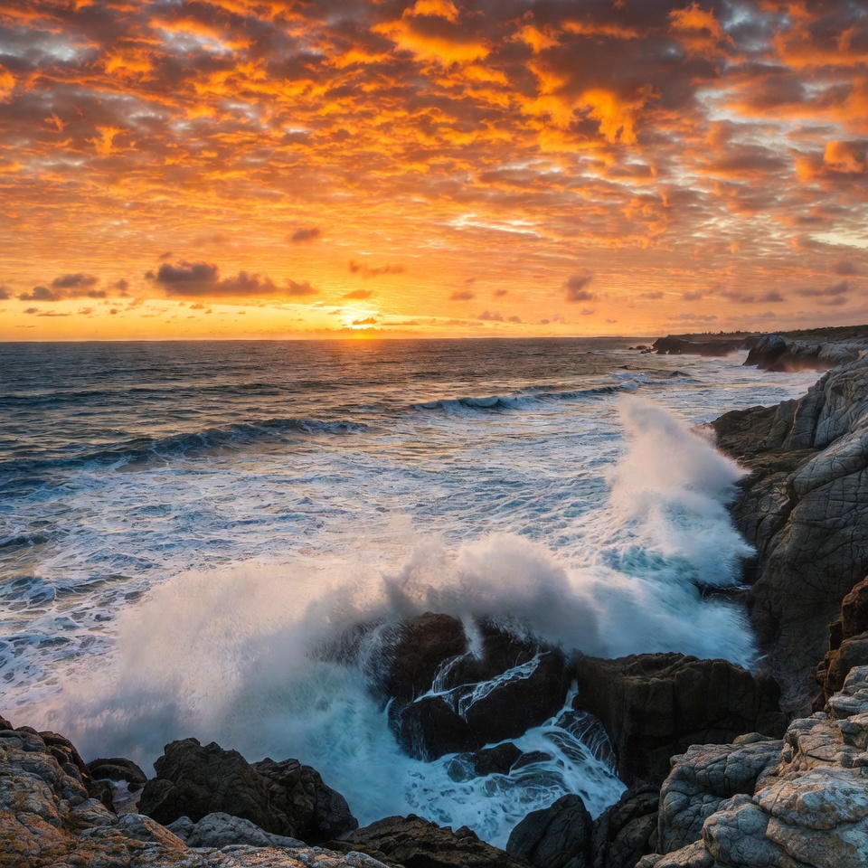 Ocean Waves Crashing on Rocks at Sunset Ocean Waves Crashing on Rocks at Sunset