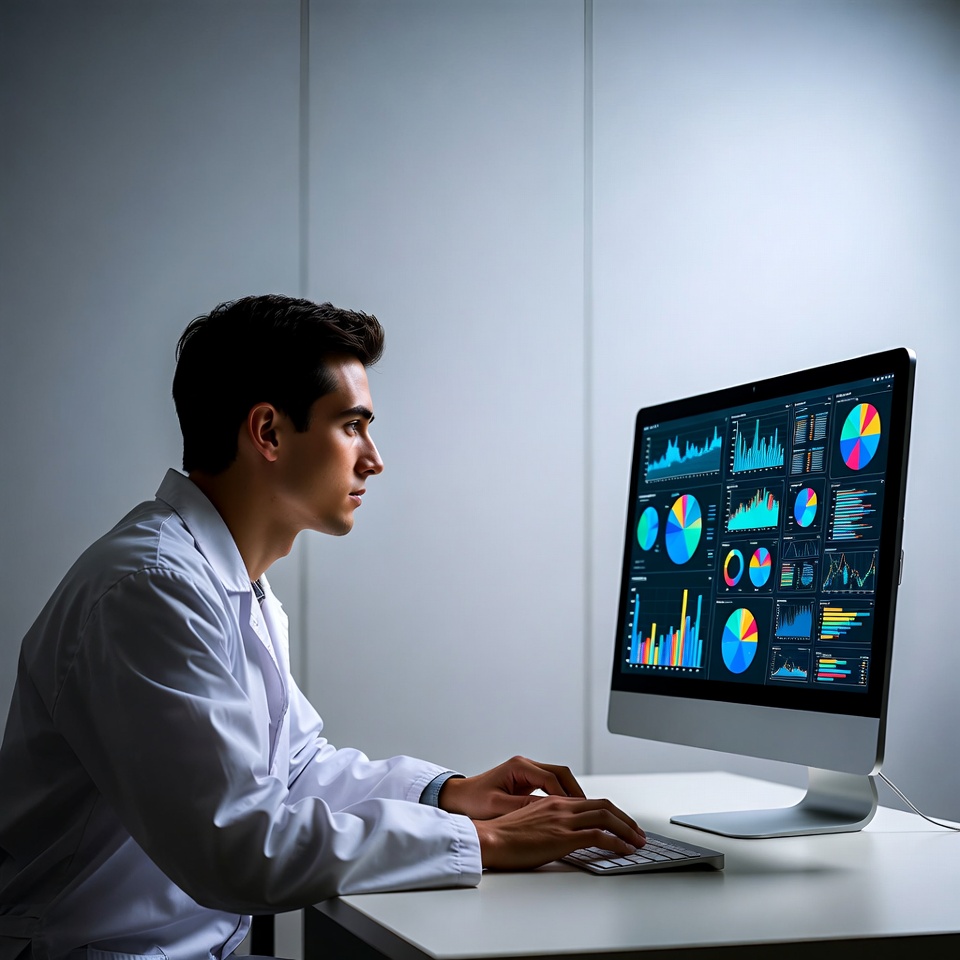 Young man in lab coat analyzing charts Young man in lab coat analyzing charts