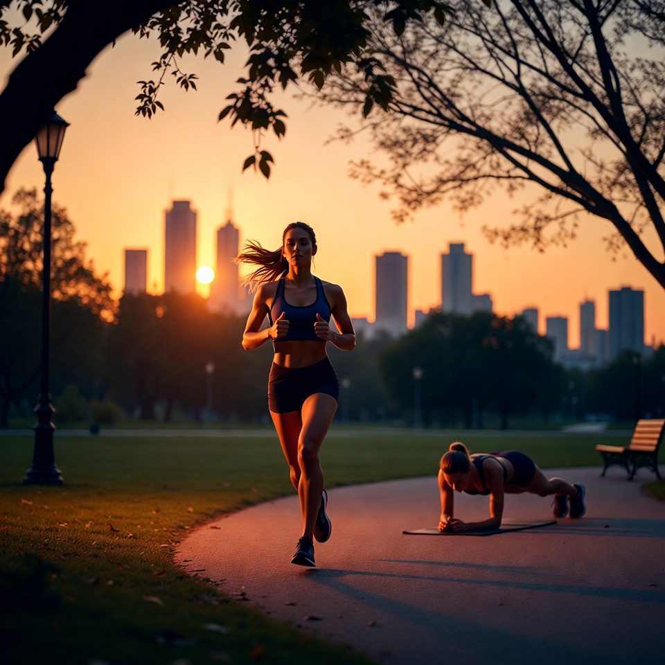 Women running and planking at sunset park Women running and planking at sunset park