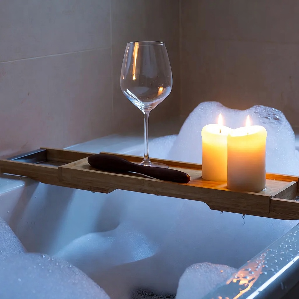 Wine Glass Candles on Bathtub Tray Wine Glass Candles on Bathtub Tray