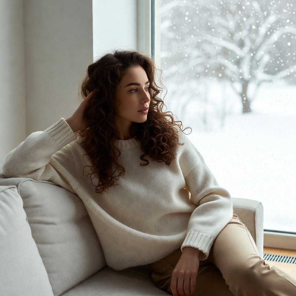 Woman gazing out snowy window Woman gazing out snowy window