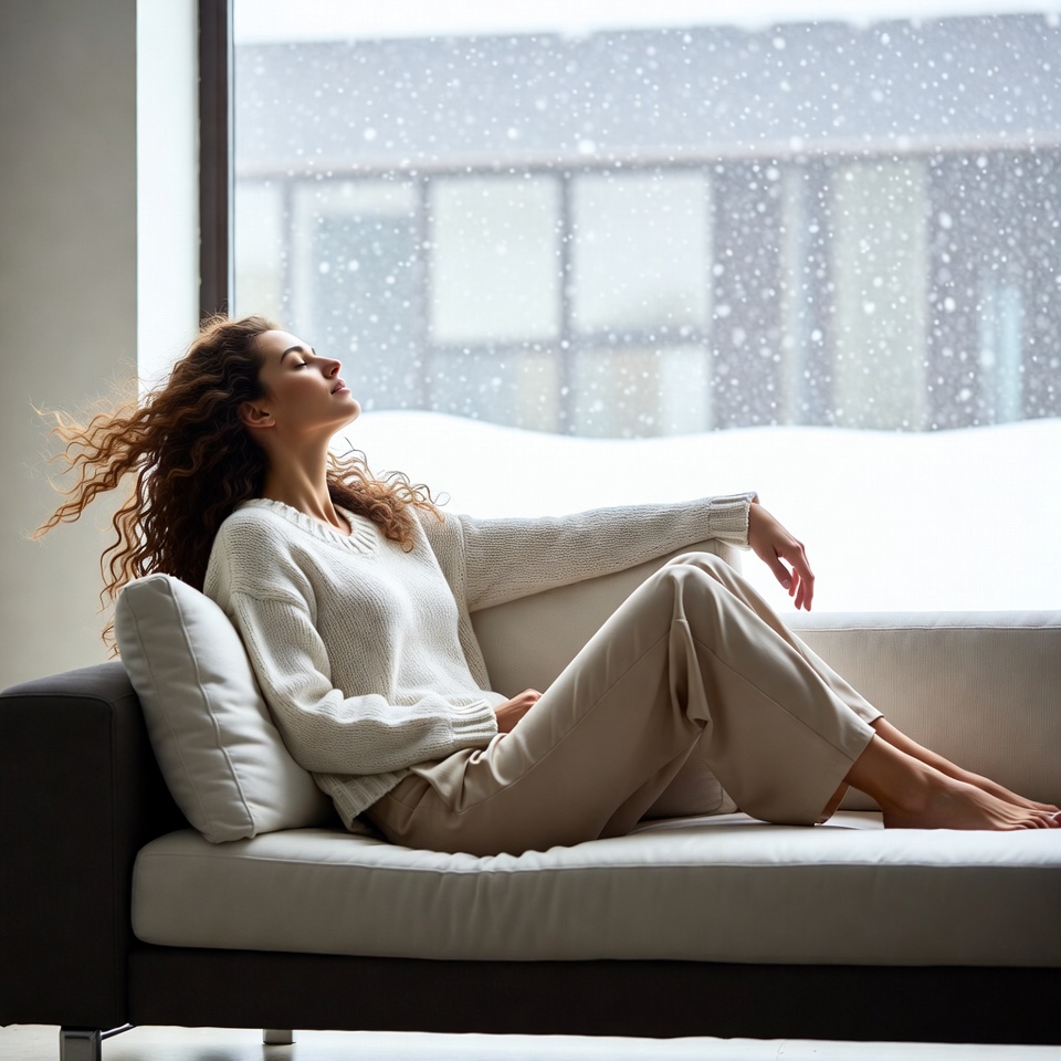 Woman relaxing on sofa by snowy window Woman relaxing on sofa by snowy window