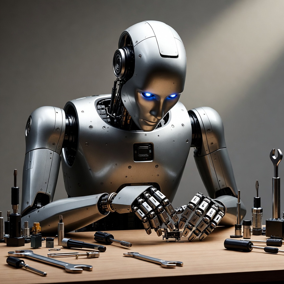 Silver robot repairing with tools Silver robot repairing with tools