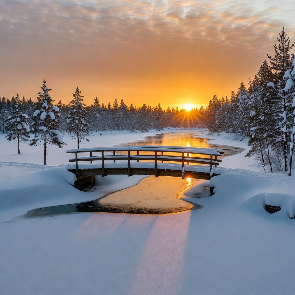 Snowy Wooden Bridge at Sunrise Snowy Wooden Bridge at Sunrise