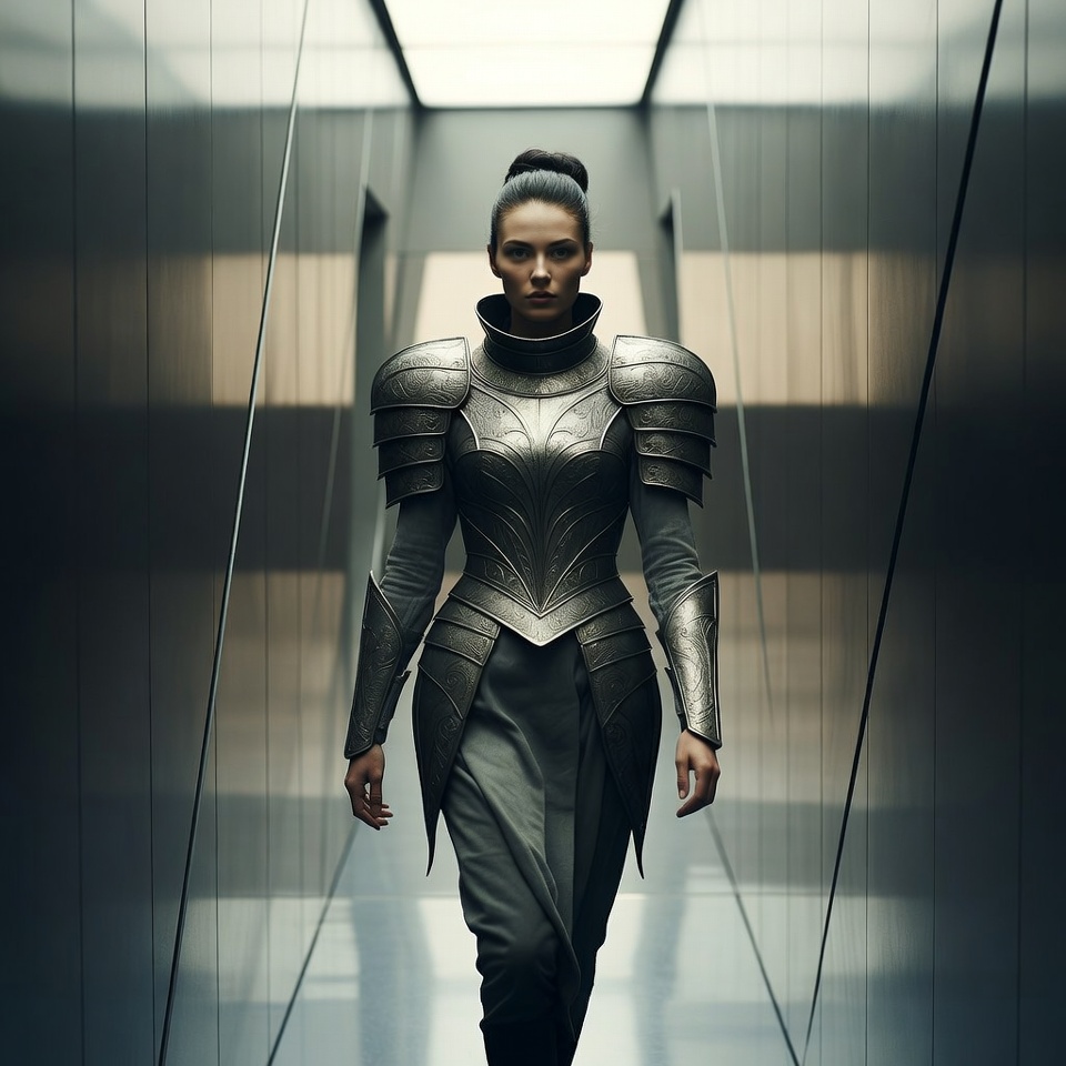 Woman in futuristic armor walking corridor Woman in futuristic armor walking corridor