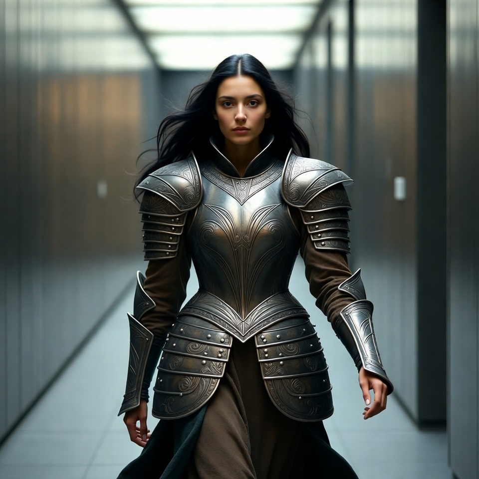 Woman in ornate armor walking hallway Woman in ornate armor walking hallway