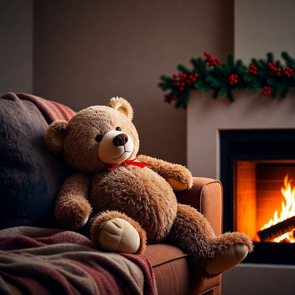Teddy Bear on Armchair by Fireplace Teddy Bear on Armchair by Fireplace