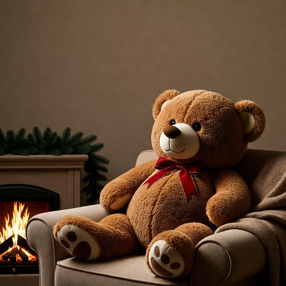 Giant teddy bear in armchair by fireplace Giant teddy bear in armchair by fireplace