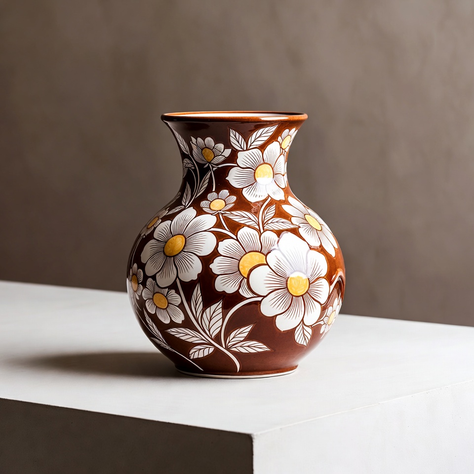 Brown Ceramic Vase with Daisies Brown Ceramic Vase with Daisies