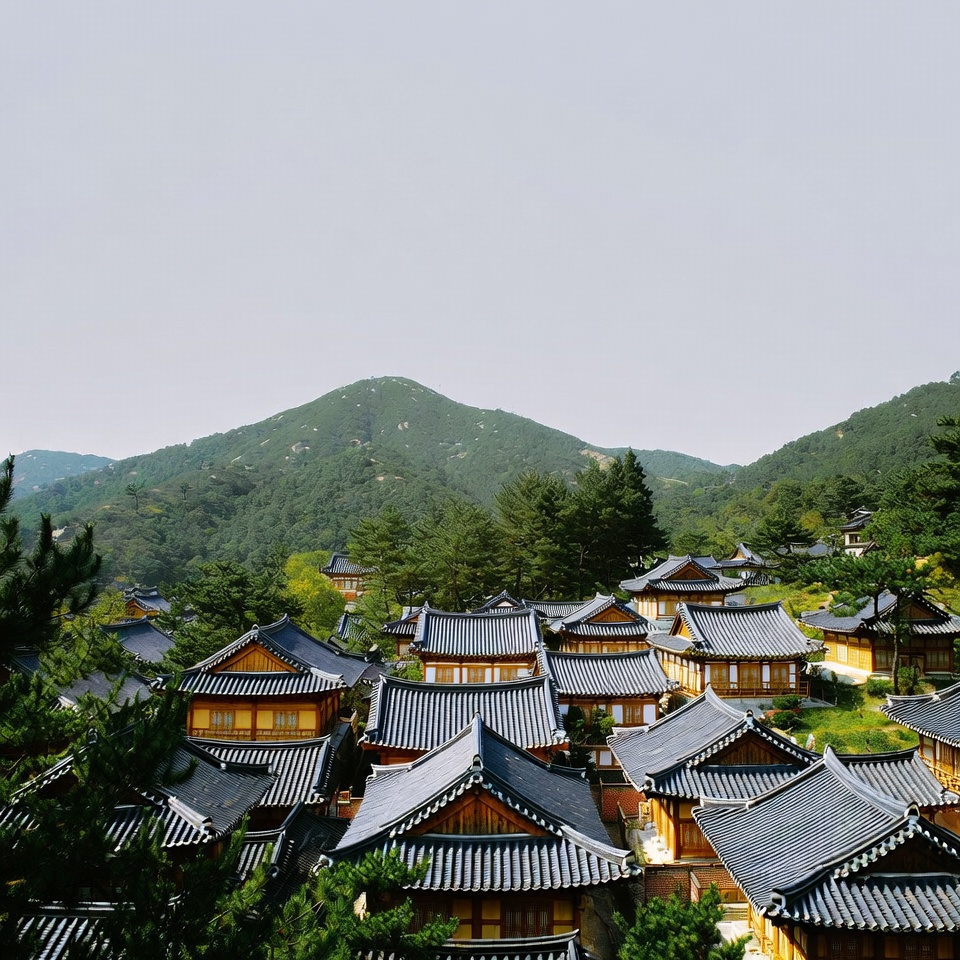 Traditional Korean Hanok Village Mountains Traditional Korean Hanok Village Mountains