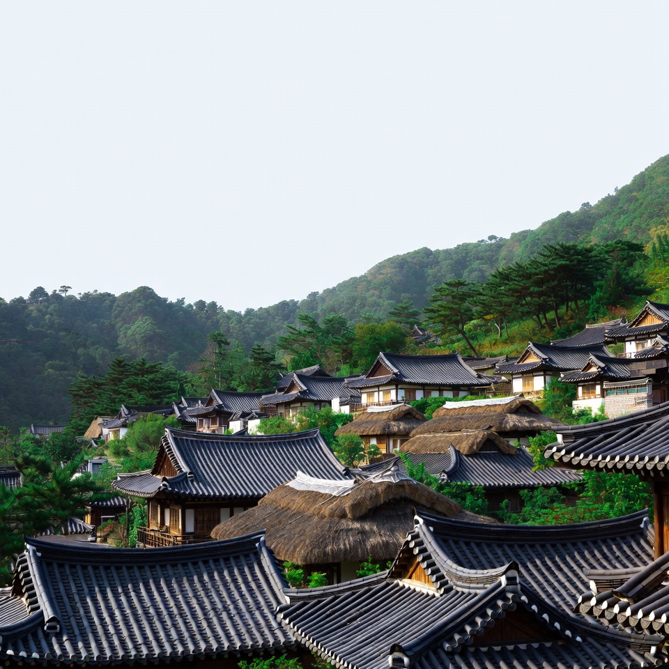 Traditional Korean Hanok Village on Hillside Traditional Korean Hanok Village on Hillside